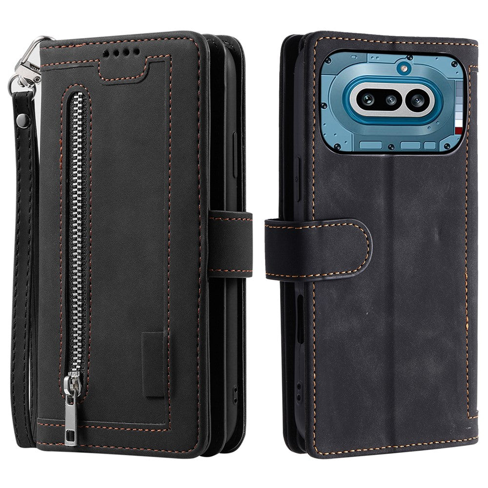 For Nothing Phone (4a) Phone Case 9 Card Slots Zipper Wallet PU Leather Phone Cover with Wrist Strap