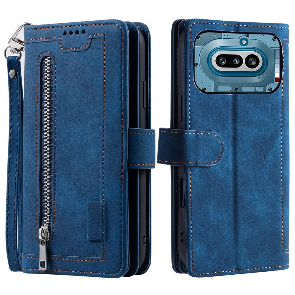 For Nothing Phone (4a) Phone Case 9 Card Slots Zipper Wallet PU Leather Phone Cover with Wrist Strap