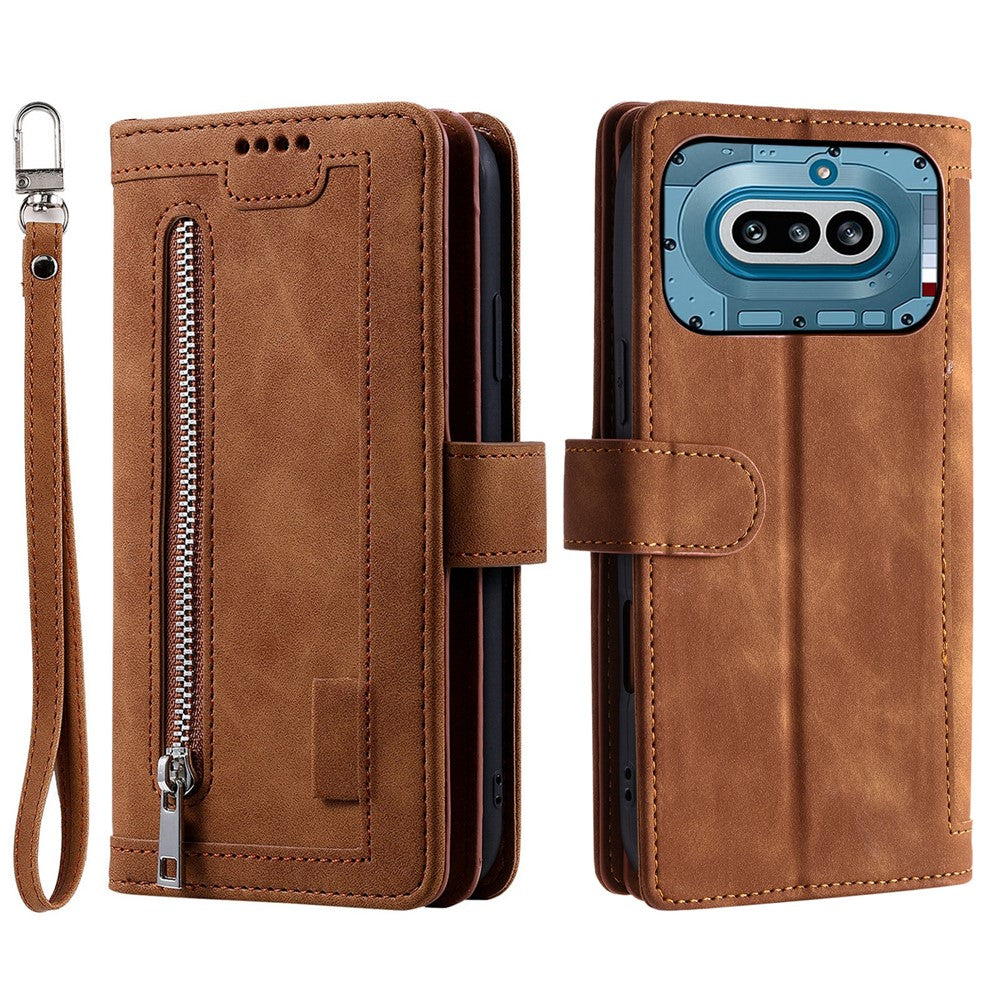For Nothing Phone (4a) Phone Case 9 Card Slots Zipper Wallet PU Leather Phone Cover with Wrist Strap