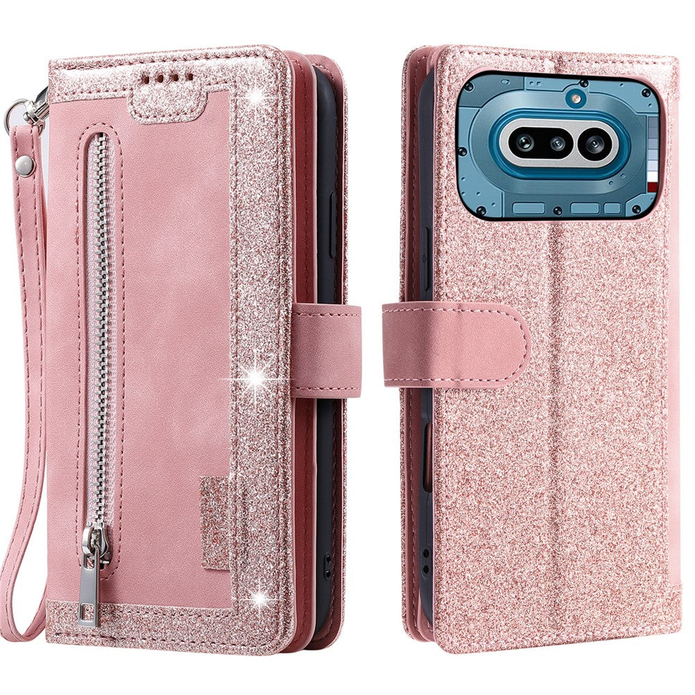 For Nothing Phone (4a) Phone Case 9 Card Slots Zipper Wallet PU Leather Phone Cover with Wrist Strap