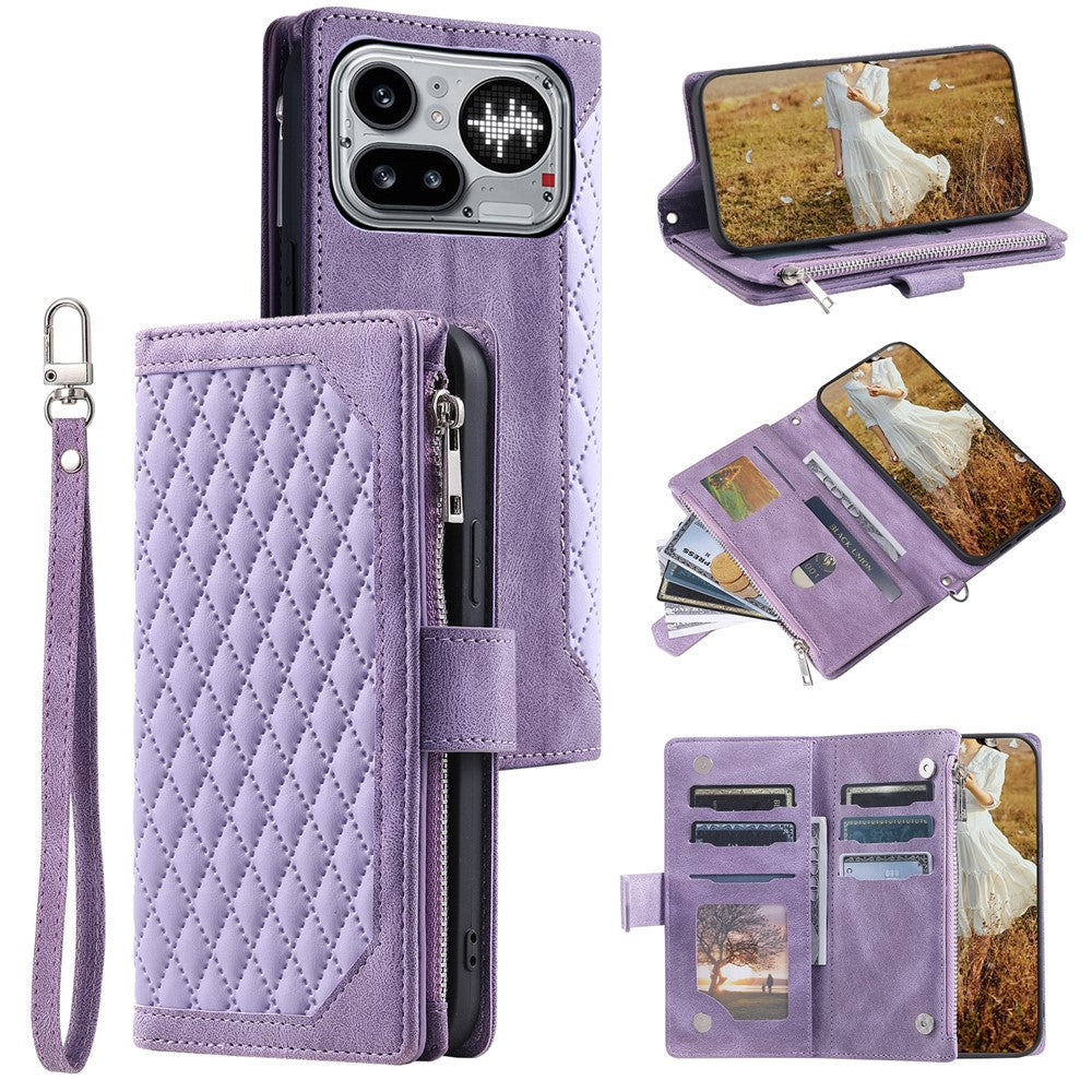For Nothing Phone (4a) Pro Wallet Case Rhombus Stitching Line PU Leather Phone Cover with Wrist Strap