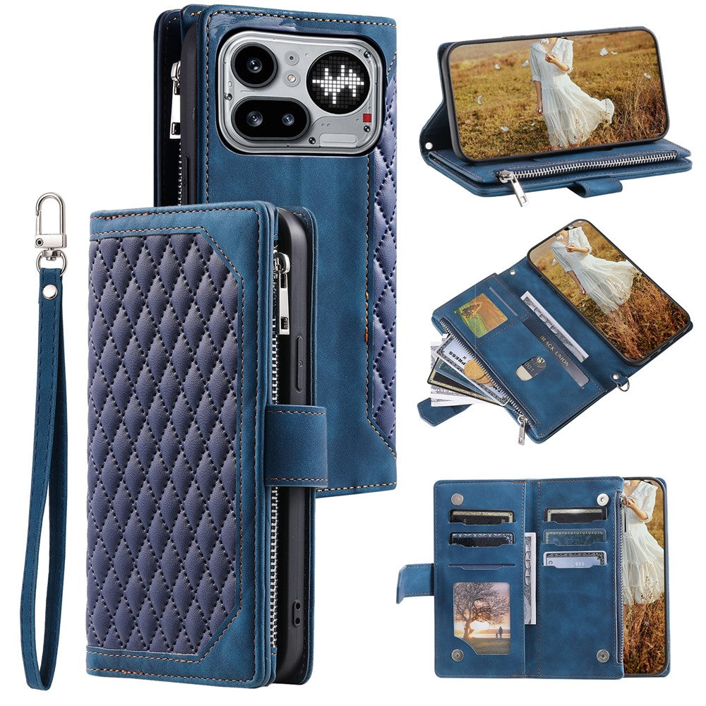 For Nothing Phone (4a) Pro Wallet Case Rhombus Stitching Line PU Leather Phone Cover with Wrist Strap