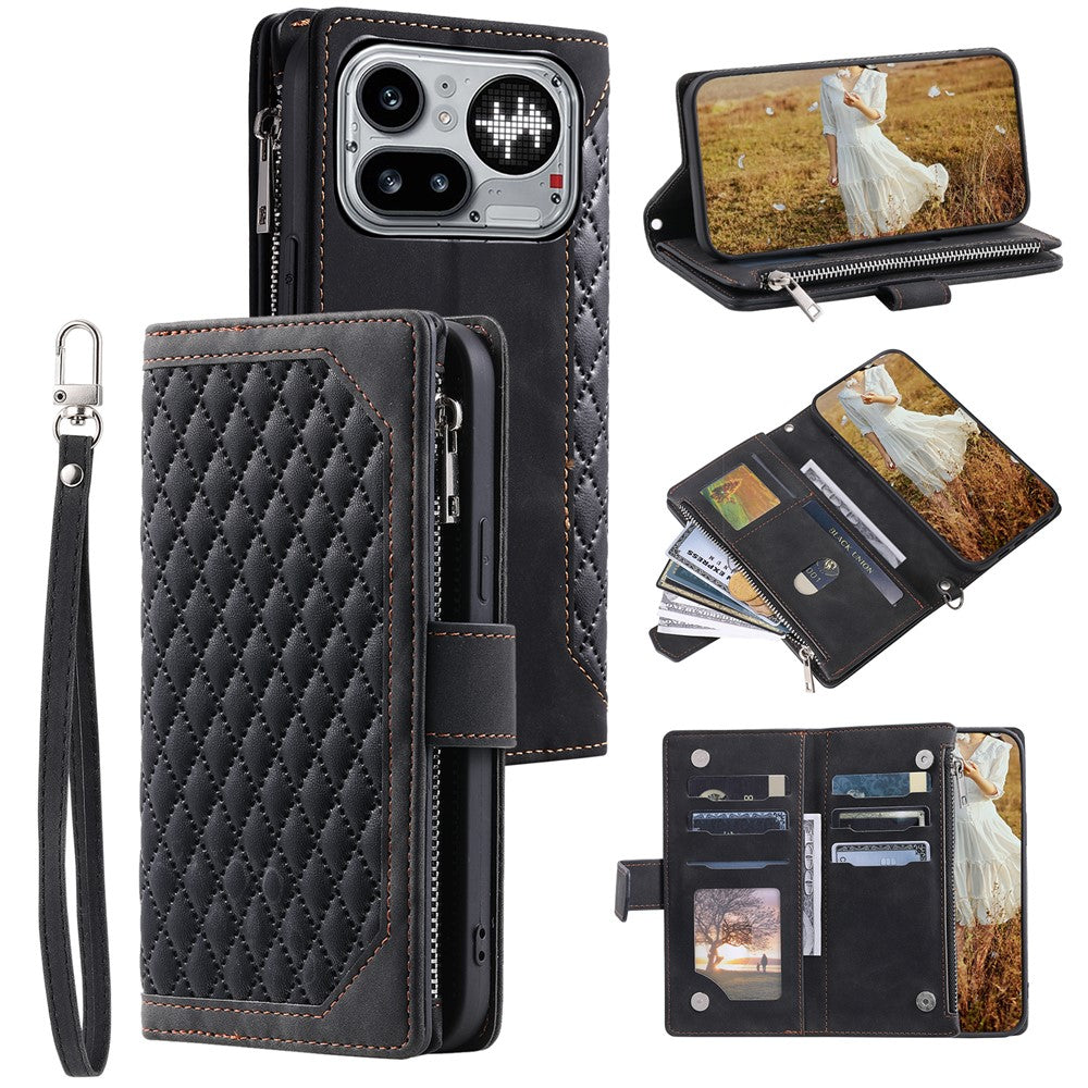 For Nothing Phone (4a) Pro Wallet Case Rhombus Stitching Line PU Leather Phone Cover with Wrist Strap