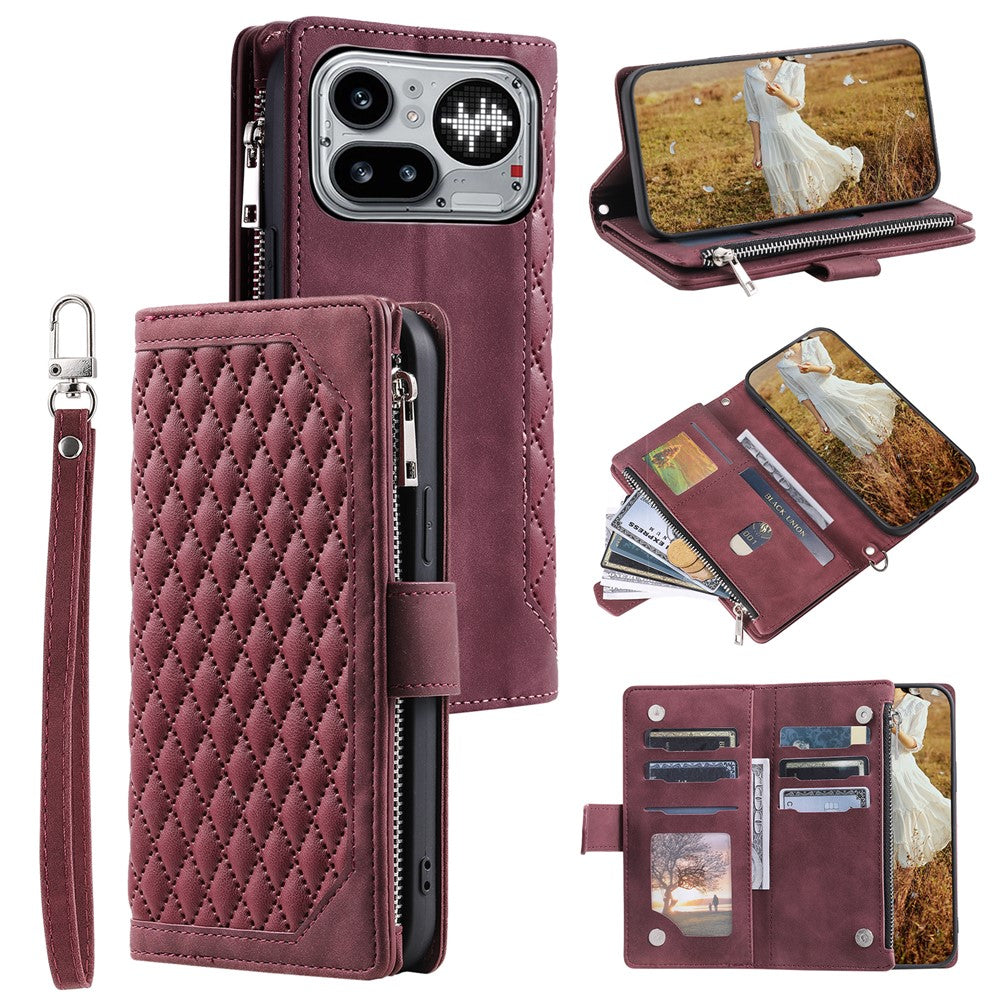 For Nothing Phone (4a) Pro Wallet Case Rhombus Stitching Line PU Leather Phone Cover with Wrist Strap