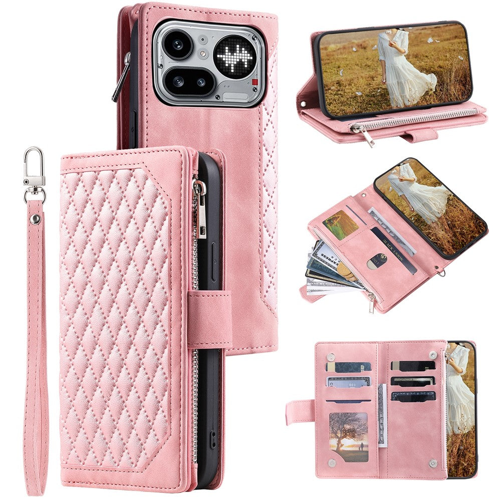 For Nothing Phone (4a) Pro Wallet Case Rhombus Stitching Line PU Leather Phone Cover with Wrist Strap