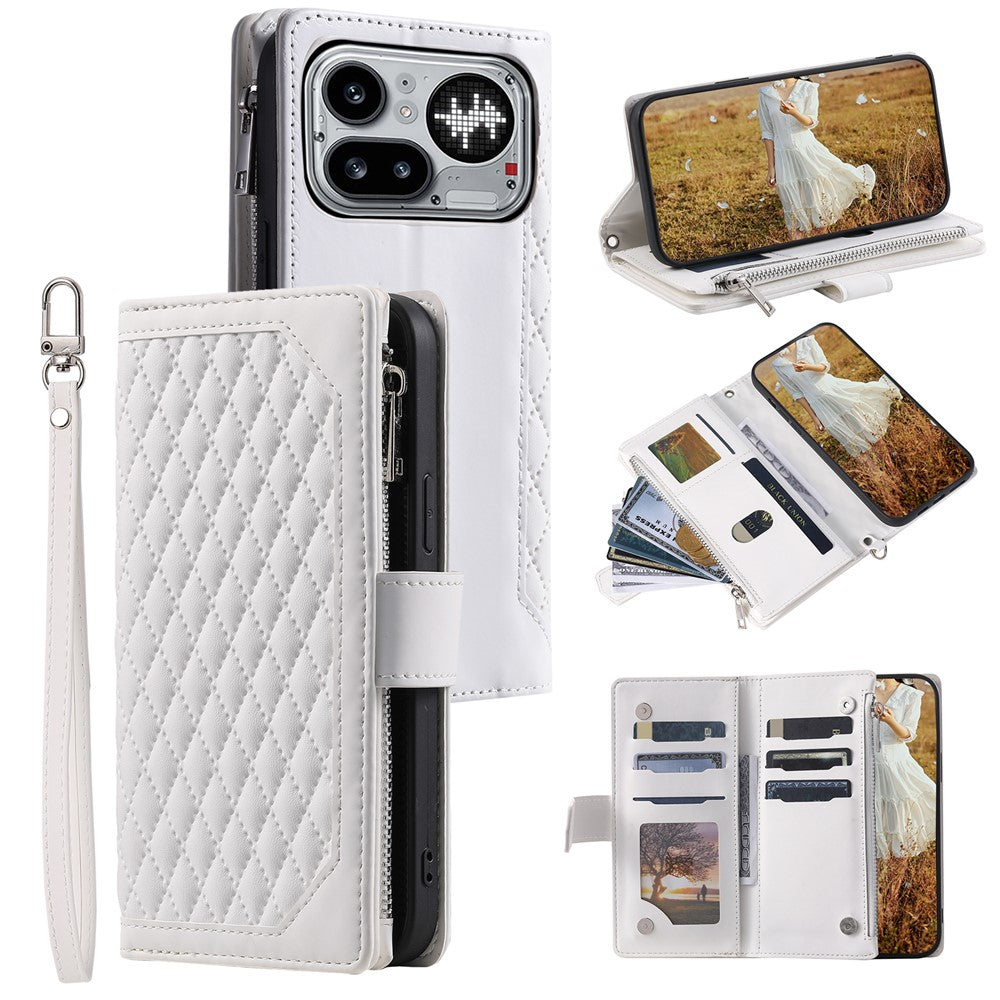 For Nothing Phone (4a) Pro Wallet Case Rhombus Stitching Line PU Leather Phone Cover with Wrist Strap