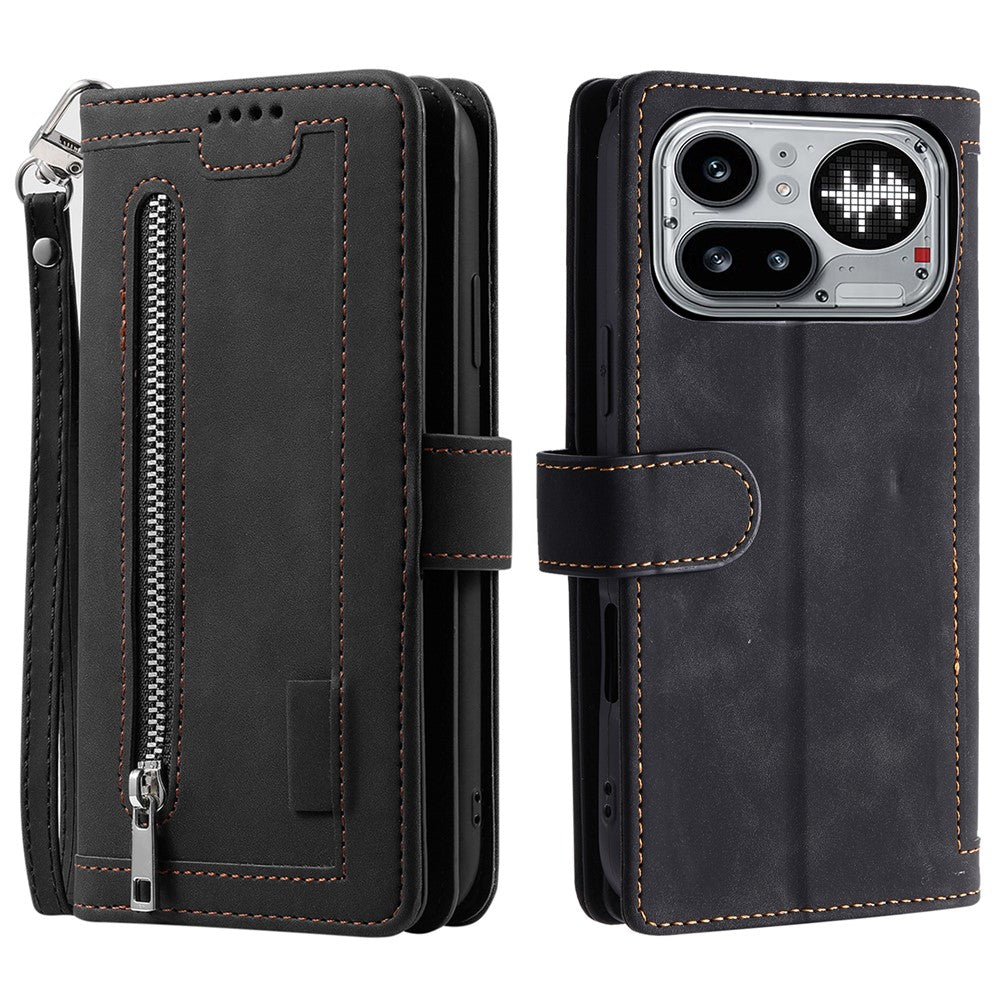 For Nothing Phone (4a) Pro Phone Case 9 Card Slots Zipper Wallet PU Leather Phone Cover with Wrist Strap