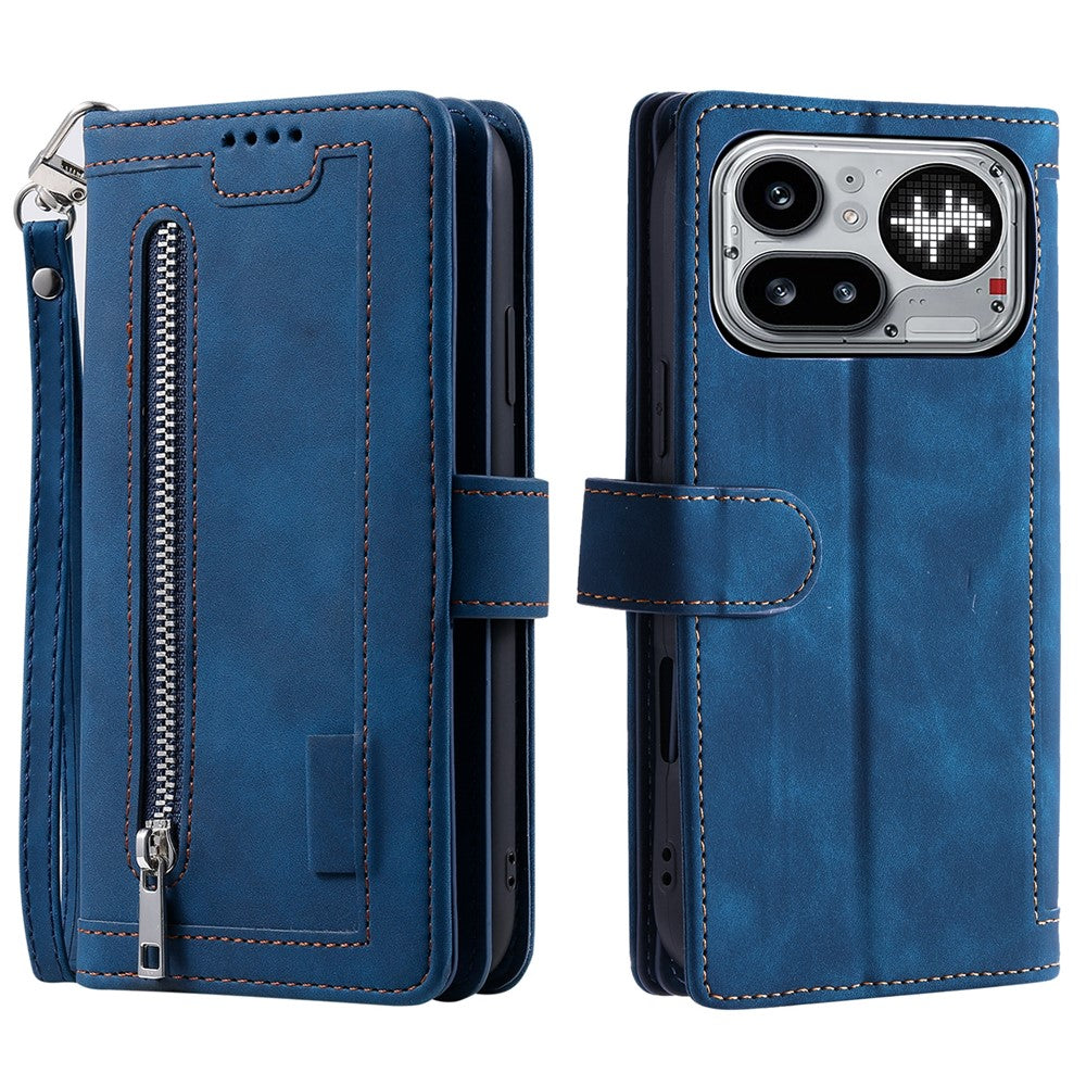 For Nothing Phone (4a) Pro Phone Case 9 Card Slots Zipper Wallet PU Leather Phone Cover with Wrist Strap