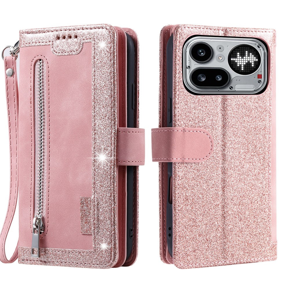 For Nothing Phone (4a) Pro Phone Case 9 Card Slots Zipper Wallet PU Leather Phone Cover with Wrist Strap