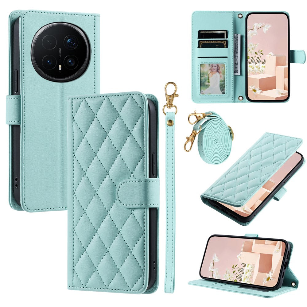 For Honor Magic8 5G PU Leather Case Wallet Rhombus Grid Phone Cover with Shoulder Strap  /  Wrist Strap