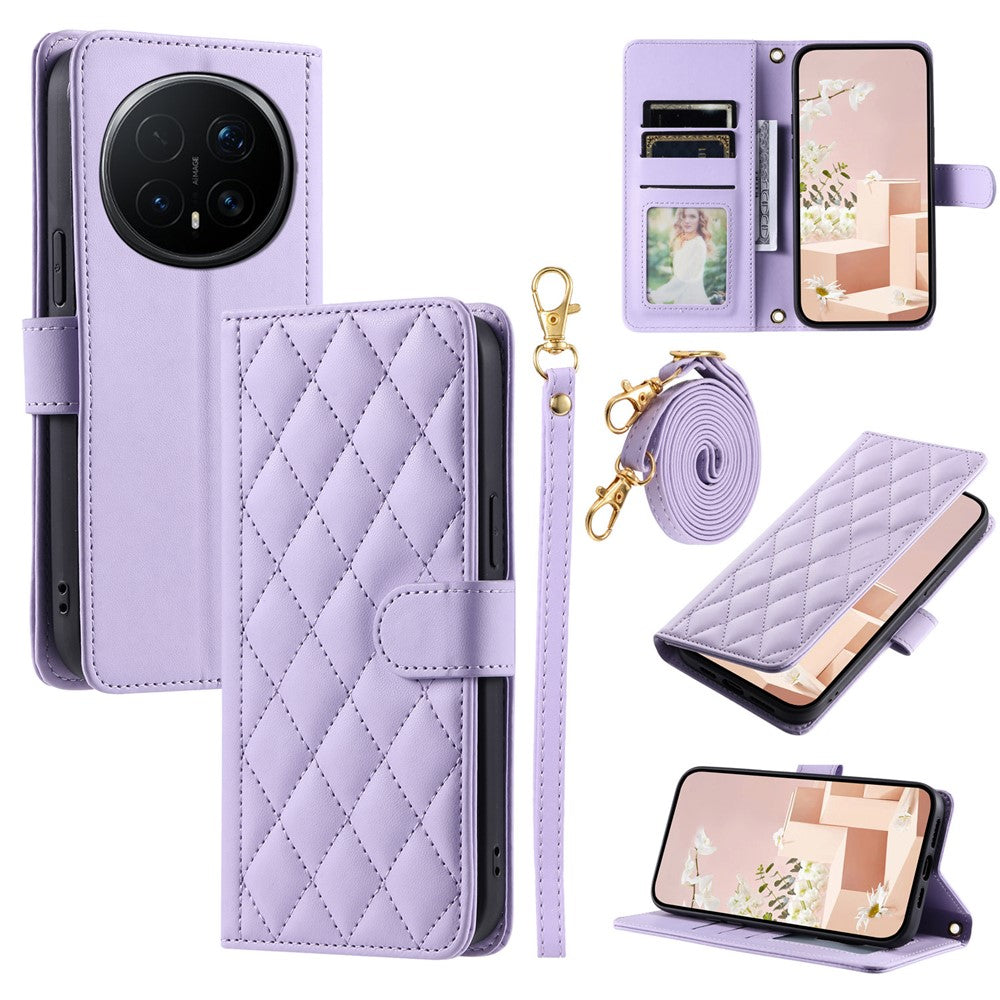 For Honor Magic8 Pro 5G PU Leather Case Wallet Rhombus Grid Phone Cover with Shoulder Strap  /  Wrist Strap