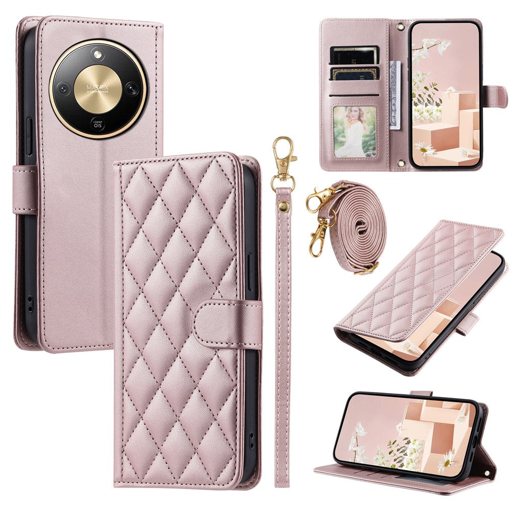 PU Leather Case for Honor Magic8 Lite 5G  /  X9d 5G  /  X70 5G Wallet Rhombus Grid Phone Cover with Shoulder Strap  /  Wrist Strap