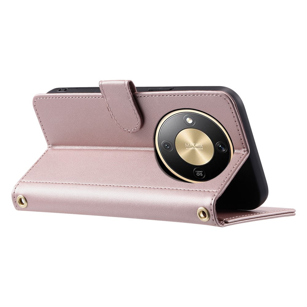 PU Leather Case for Honor Magic8 Lite 5G  /  X9d 5G  /  X70 5G Wallet Rhombus Grid Phone Cover with Shoulder Strap  /  Wrist Strap