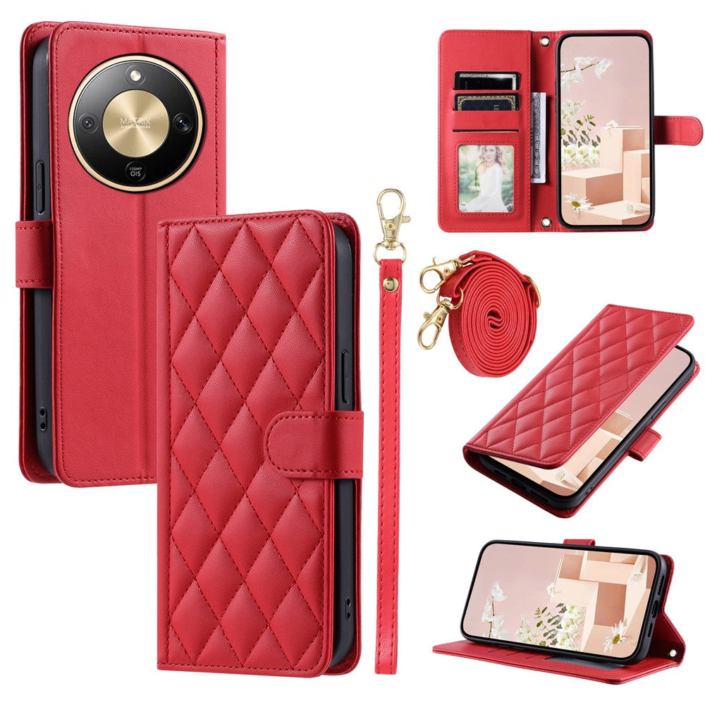 PU Leather Case for Honor Magic8 Lite 5G  /  X9d 5G  /  X70 5G Wallet Rhombus Grid Phone Cover with Shoulder Strap  /  Wrist Strap