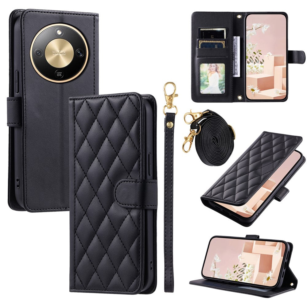 PU Leather Case for Honor Magic8 Lite 5G  /  X9d 5G  /  X70 5G Wallet Rhombus Grid Phone Cover with Shoulder Strap  /  Wrist Strap
