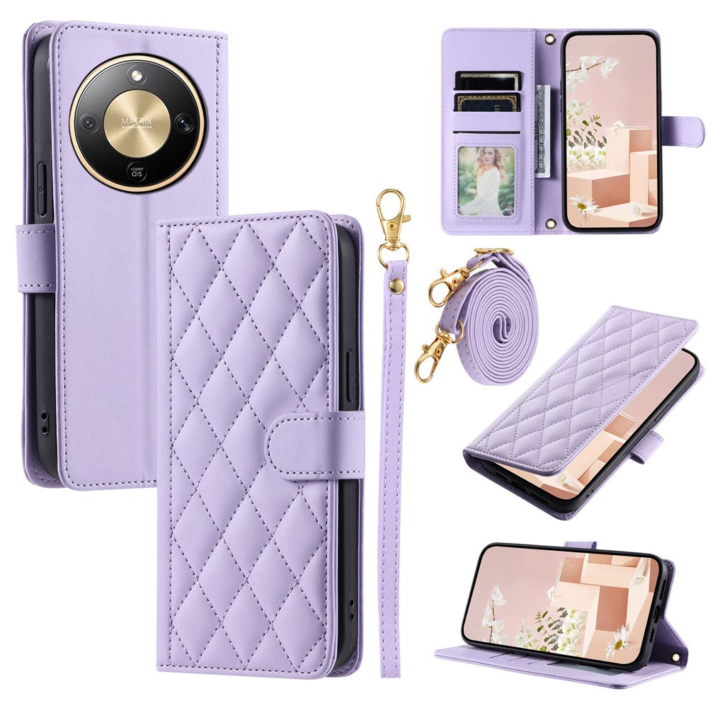 PU Leather Case for Honor Magic8 Lite 5G  /  X9d 5G  /  X70 5G Wallet Rhombus Grid Phone Cover with Shoulder Strap  /  Wrist Strap