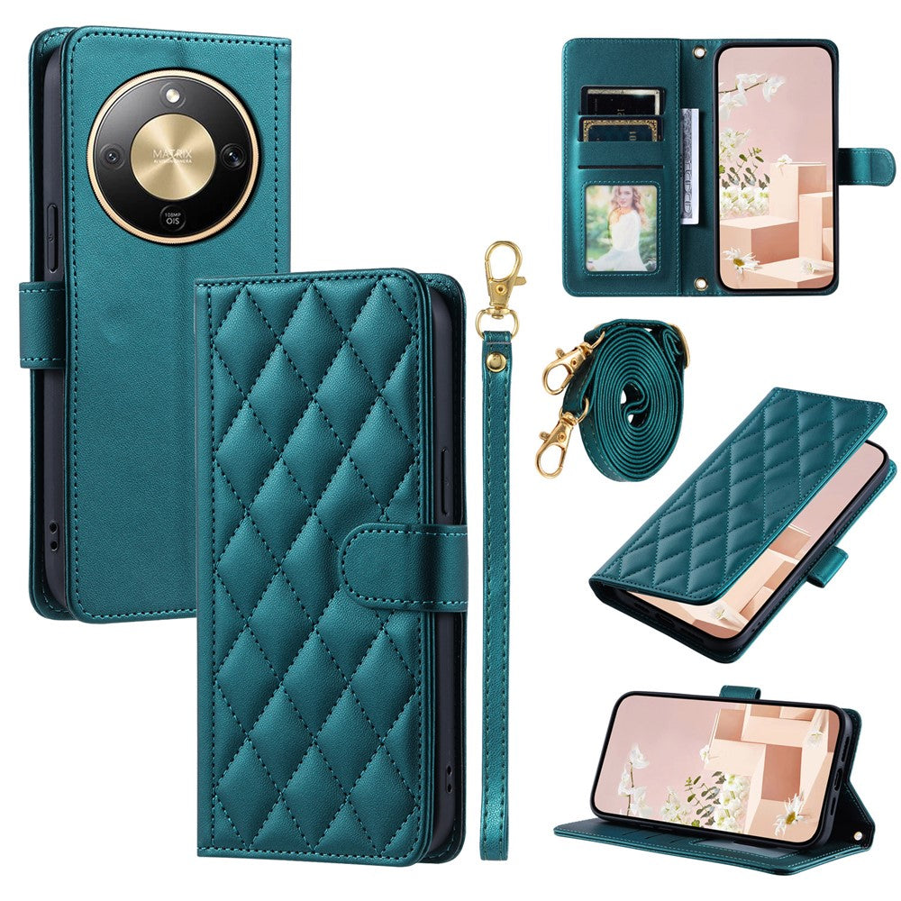 PU Leather Case for Honor Magic8 Lite 5G  /  X9d 5G  /  X70 5G Wallet Rhombus Grid Phone Cover with Shoulder Strap  /  Wrist Strap