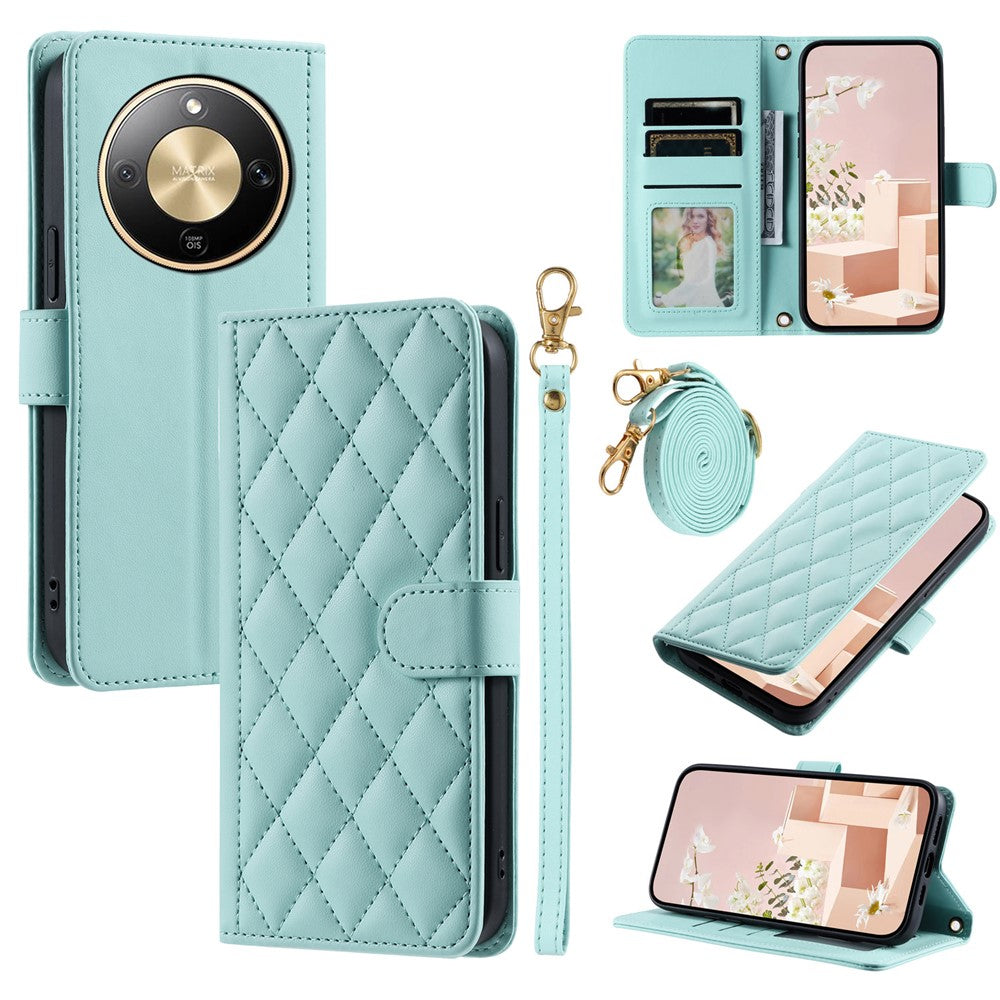 PU Leather Case for Honor Magic8 Lite 5G  /  X9d 5G  /  X70 5G Wallet Rhombus Grid Phone Cover with Shoulder Strap  /  Wrist Strap