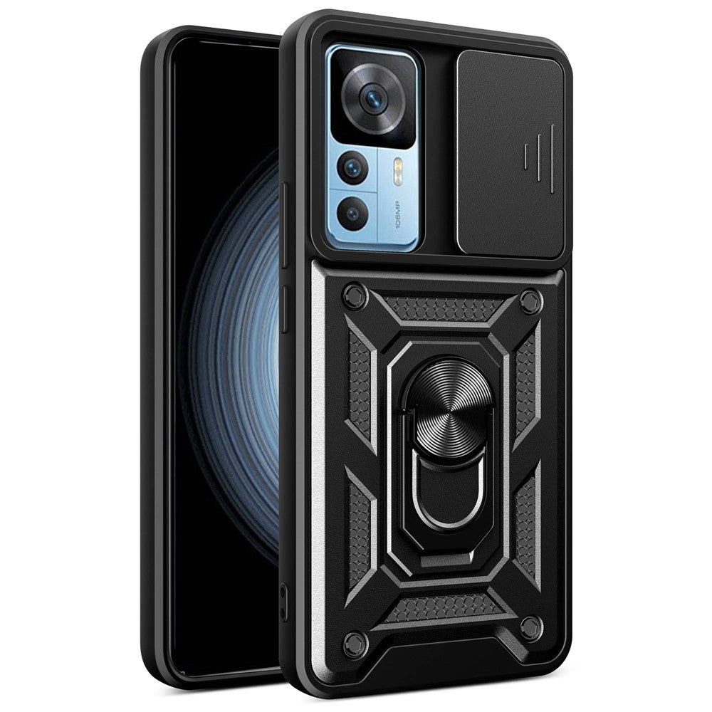 Phone Case for Xiaomi 12T 5G / Redmi K50 Ultra 5G, Shockproof Ring Kickstand PC + TPU Protective Back Cover with Slide Camera Protector