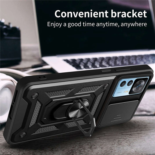 Phone Case for Xiaomi 12T 5G / Redmi K50 Ultra 5G, Shockproof Ring Kickstand PC + TPU Protective Back Cover with Slide Camera Protector