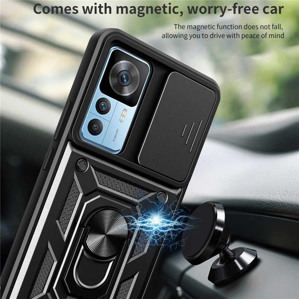 Phone Case for Xiaomi 12T 5G / Redmi K50 Ultra 5G, Shockproof Ring Kickstand PC + TPU Protective Back Cover with Slide Camera Protector