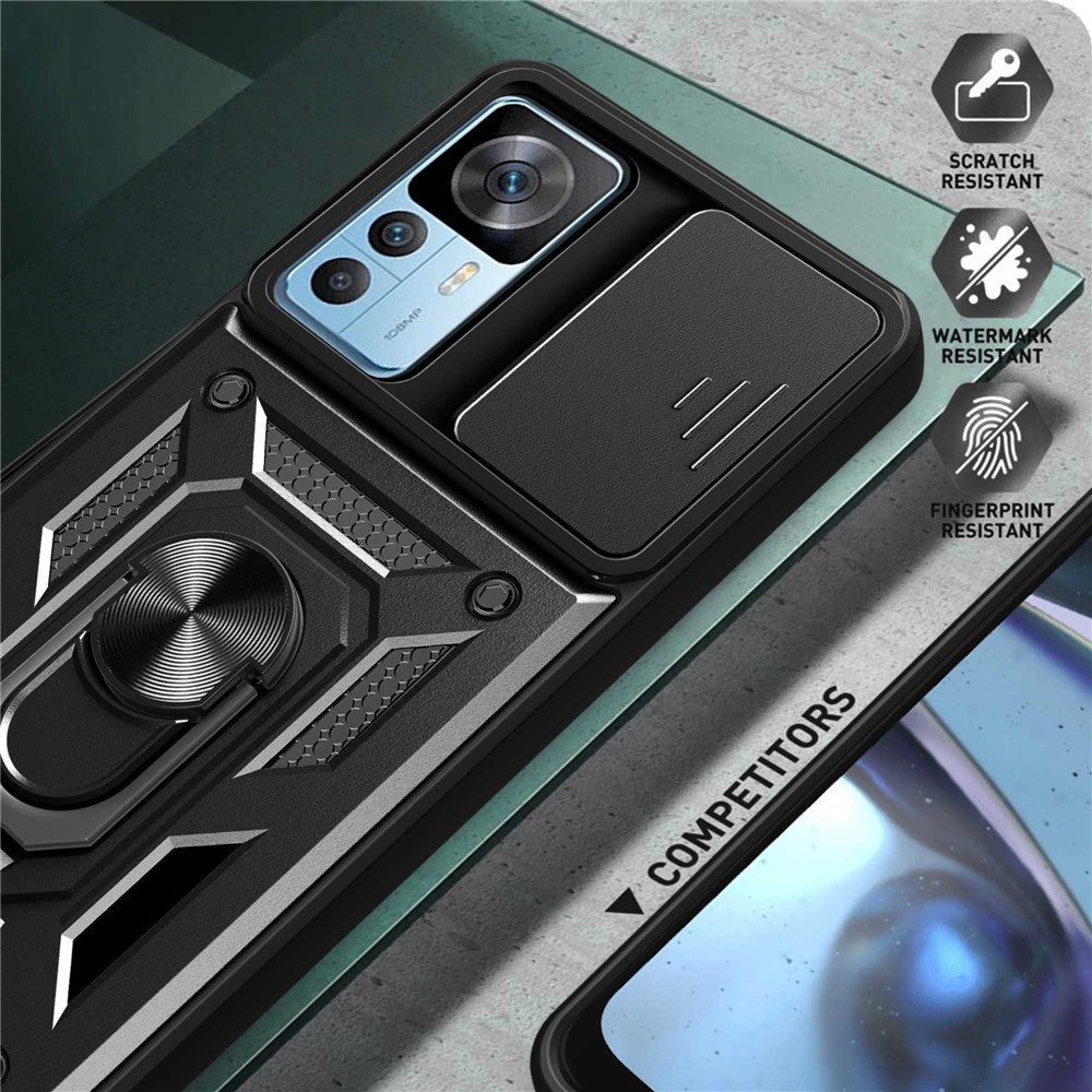 Phone Case for Xiaomi 12T 5G / Redmi K50 Ultra 5G, Shockproof Ring Kickstand PC + TPU Protective Back Cover with Slide Camera Protector