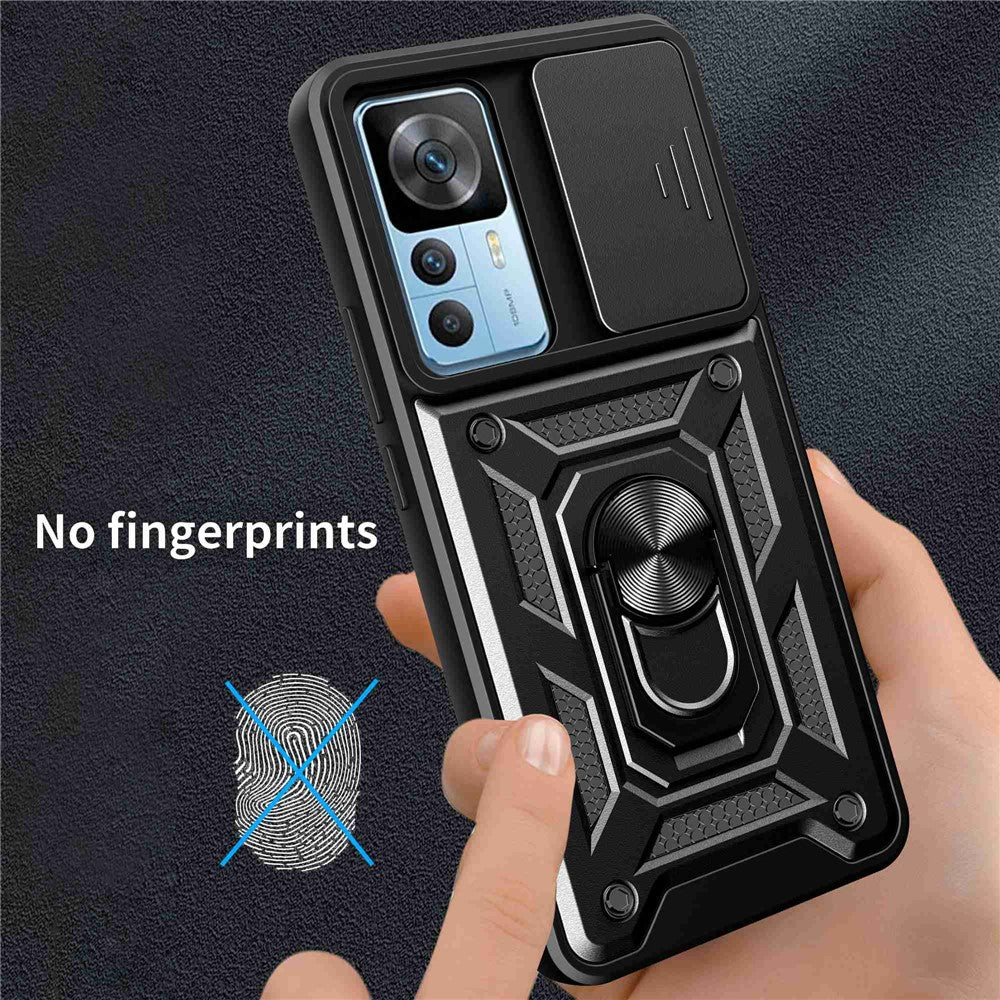 Phone Case for Xiaomi 12T 5G / Redmi K50 Ultra 5G, Shockproof Ring Kickstand PC + TPU Protective Back Cover with Slide Camera Protector
