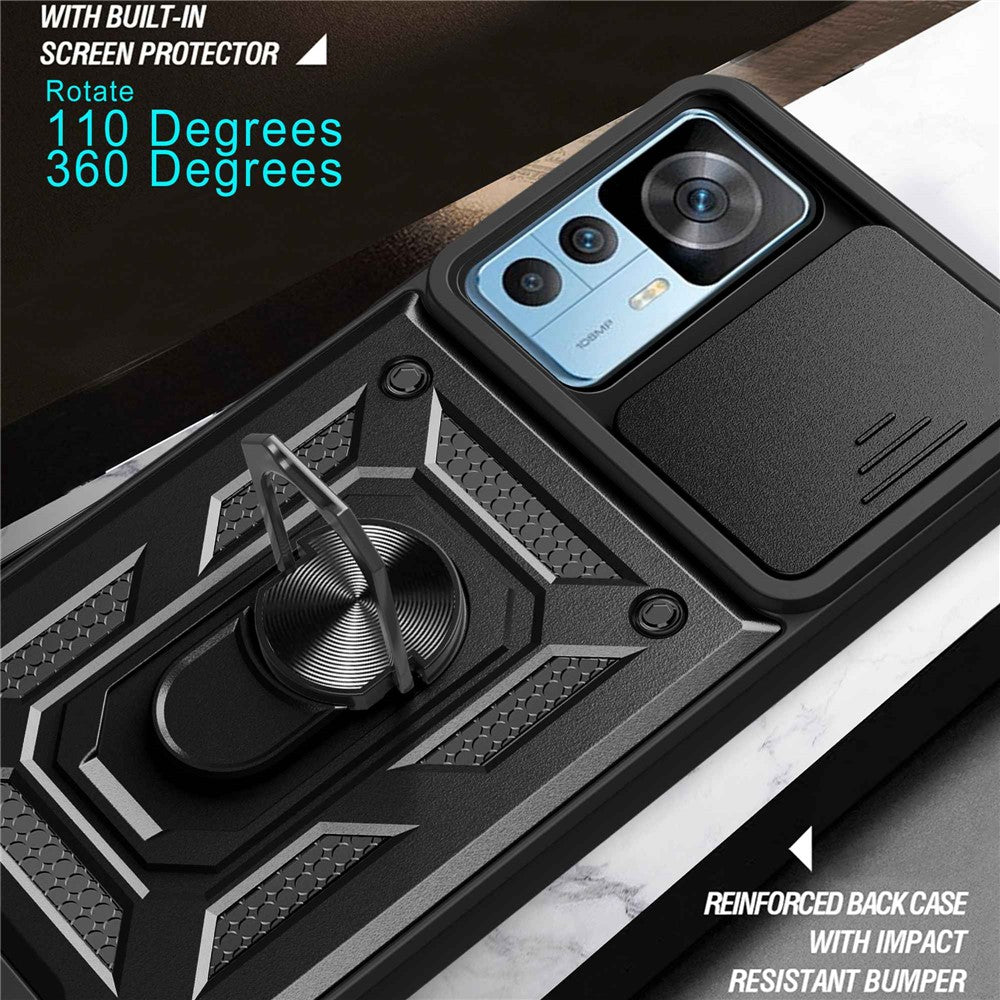 Phone Case for Xiaomi 12T 5G / Redmi K50 Ultra 5G, Shockproof Ring Kickstand PC + TPU Protective Back Cover with Slide Camera Protector