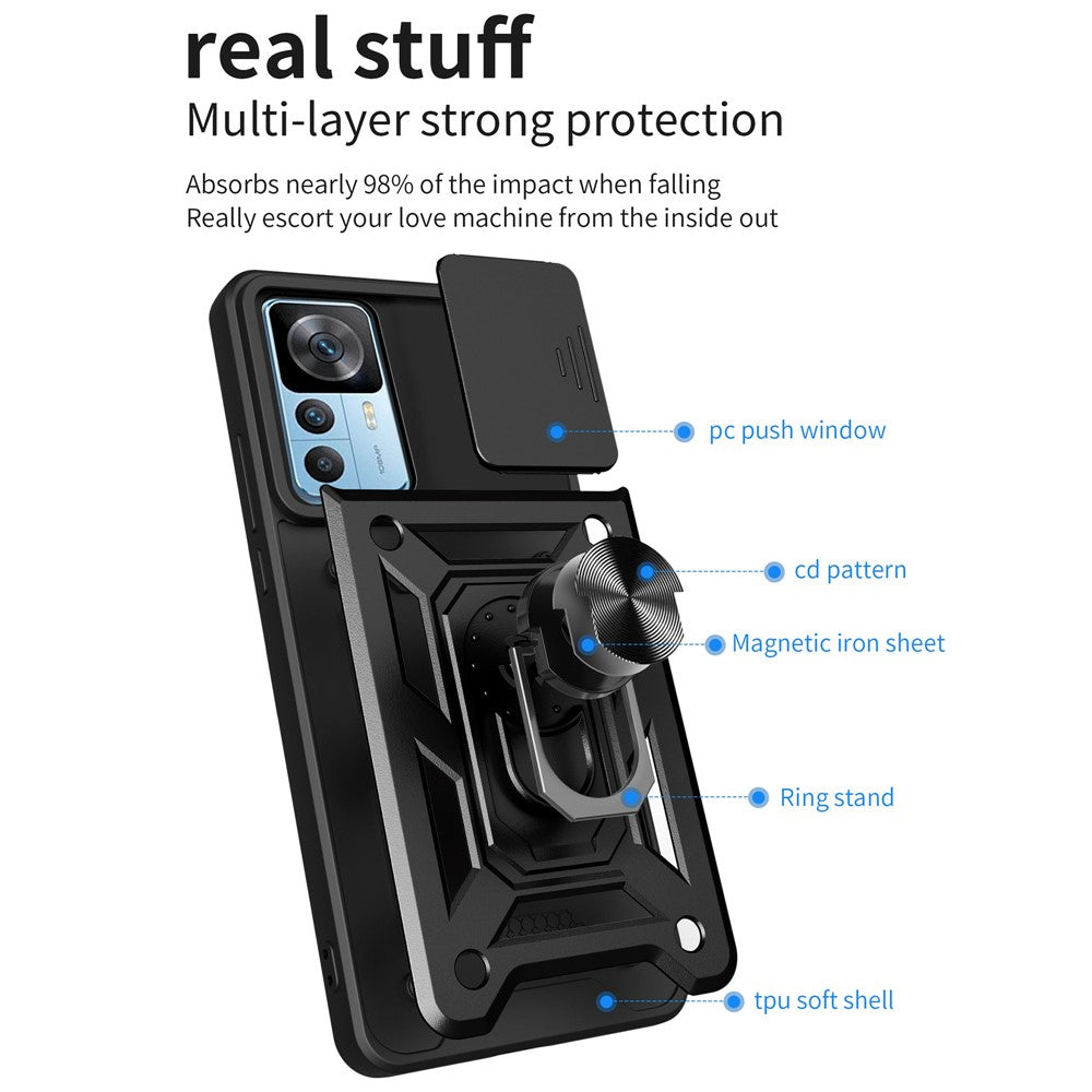 Phone Case for Xiaomi 12T 5G / Redmi K50 Ultra 5G, Shockproof Ring Kickstand PC + TPU Protective Back Cover with Slide Camera Protector