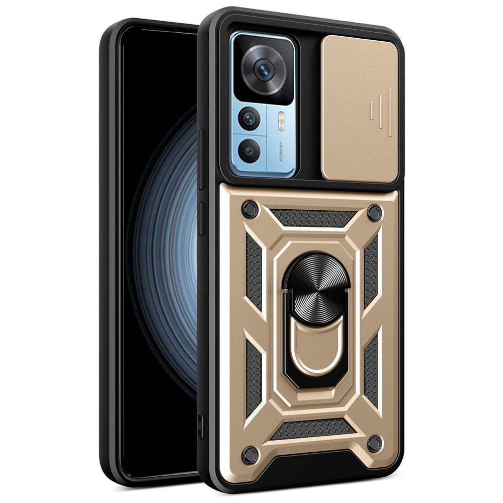 Phone Case for Xiaomi 12T 5G / Redmi K50 Ultra 5G, Shockproof Ring Kickstand PC + TPU Protective Back Cover with Slide Camera Protector