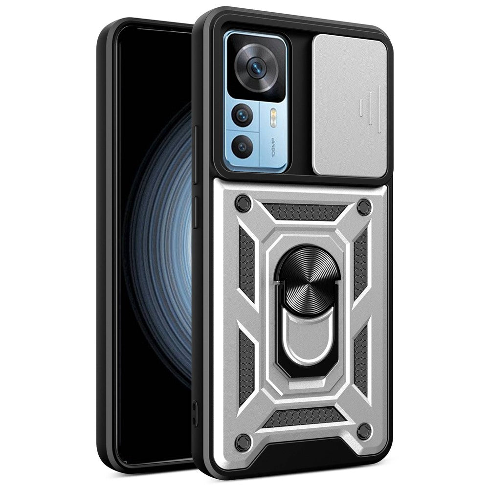 Phone Case for Xiaomi 12T 5G / Redmi K50 Ultra 5G, Shockproof Ring Kickstand PC + TPU Protective Back Cover with Slide Camera Protector