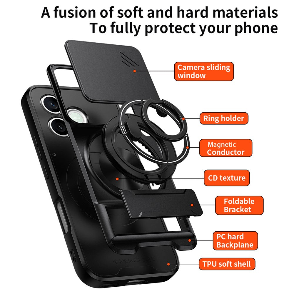 Magnetic Case For Honor 600 Lite 5G Ring Holder Foldable Kickstand TPU PC Phone Cover with Camera Lens Slider