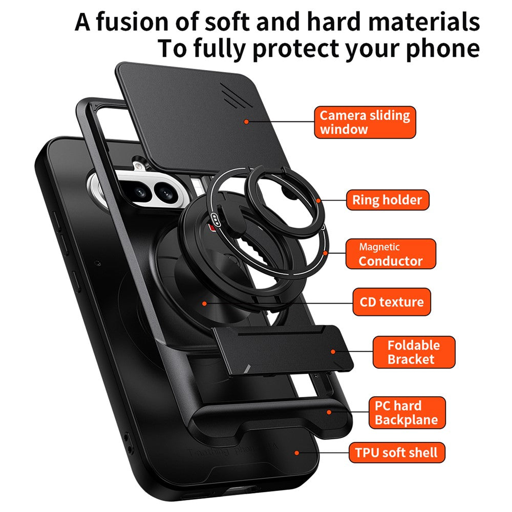 Magnetic Case For Nothing Phone (4a) Ring Holder Foldable Kickstand TPU PC Phone Cover with Camera Lens Slider
