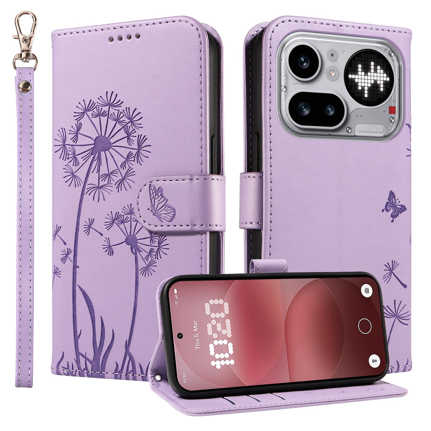 For Nothing Phone (4a) Pro Leather Wallet Case with Strap Dandelion Imprint Phone Stand Cover