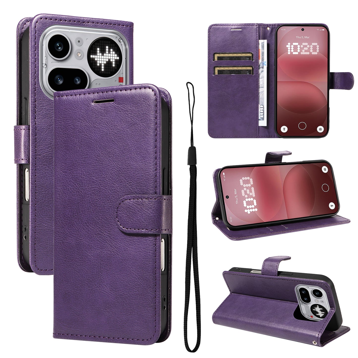 For Nothing Phone (4a) Pro Leather Wallet Case with Strap Solid Color Phone Stand Cover