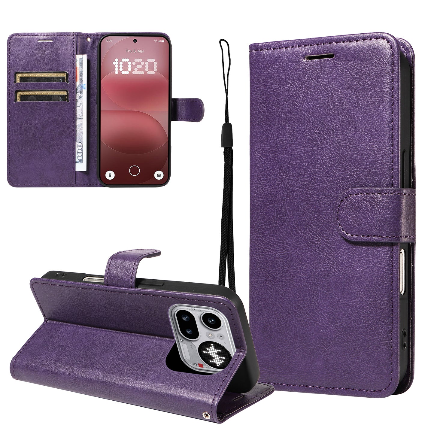 For Nothing Phone (4a) Pro Leather Wallet Case with Strap Solid Color Phone Stand Cover