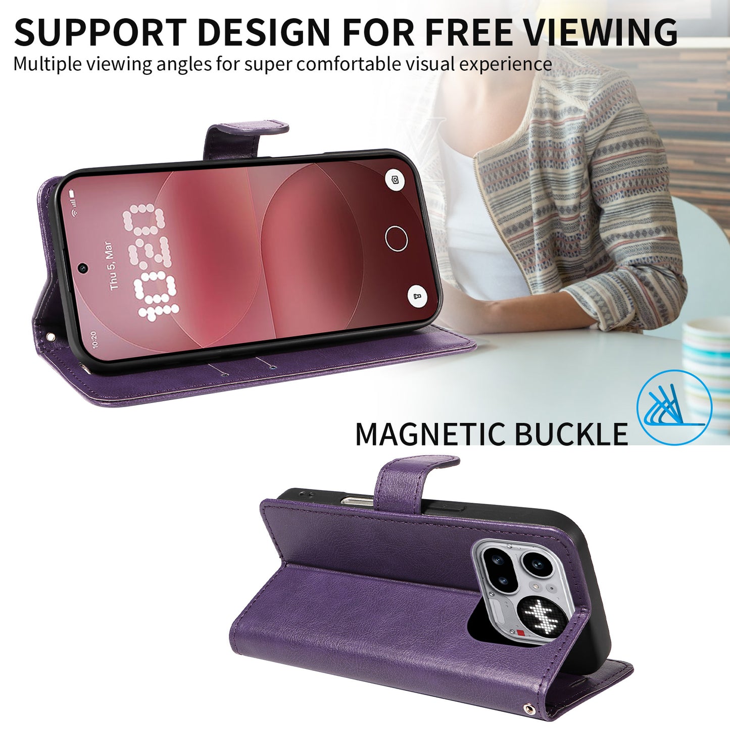 For Nothing Phone (4a) Pro Leather Wallet Case with Strap Solid Color Phone Stand Cover