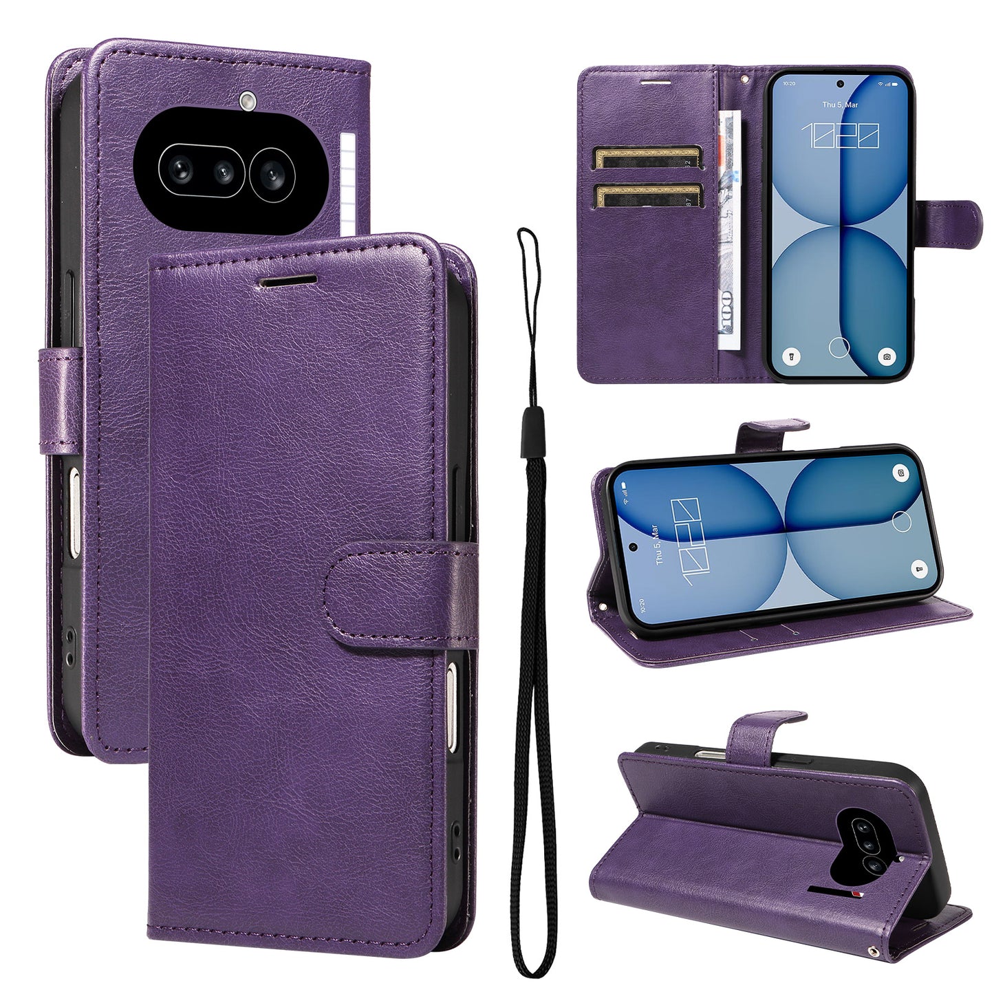 For Nothing Phone (4a) Leather Wallet Case with Strap Solid Color Phone Stand Cover