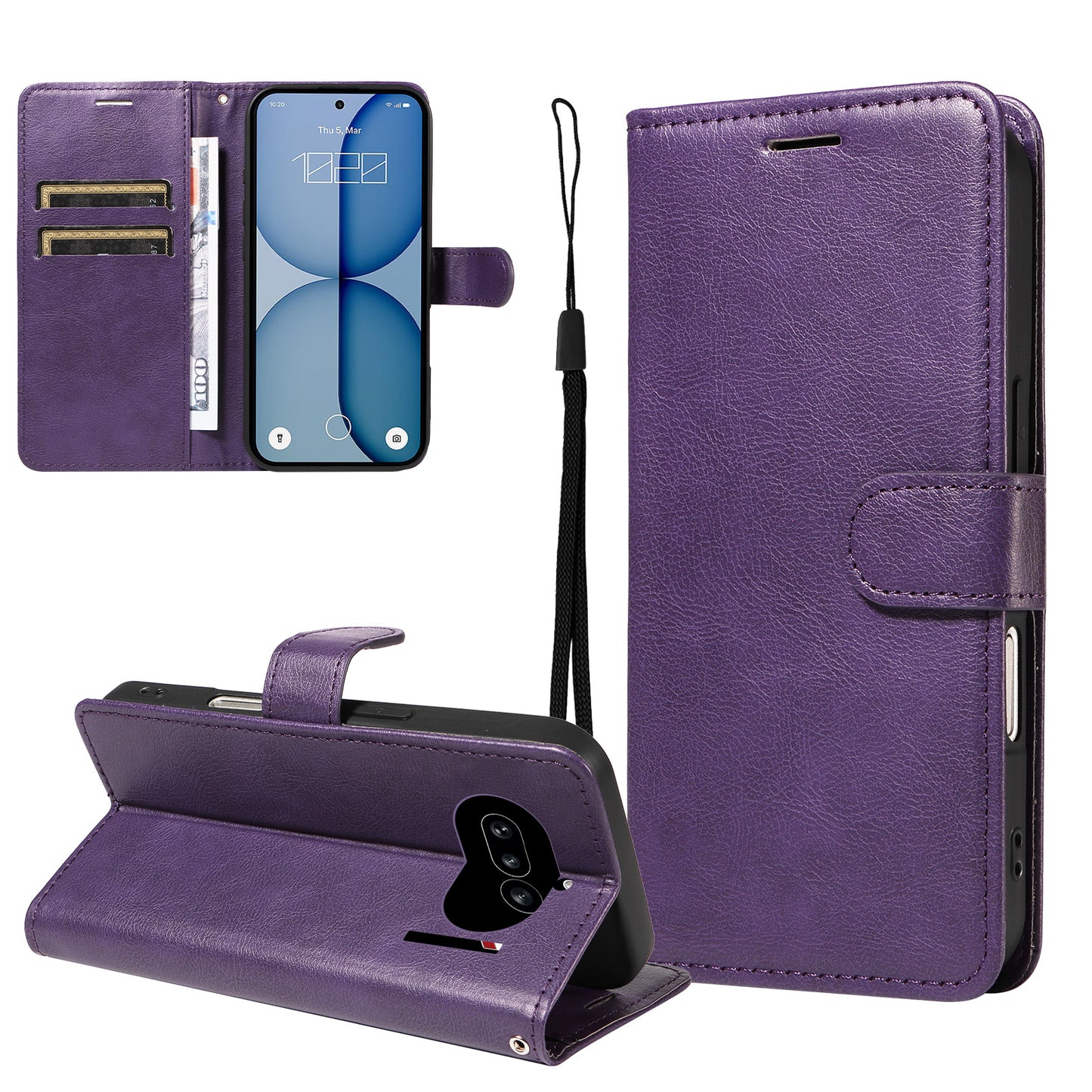 For Nothing Phone (4a) Leather Wallet Case with Strap Solid Color Phone Stand Cover