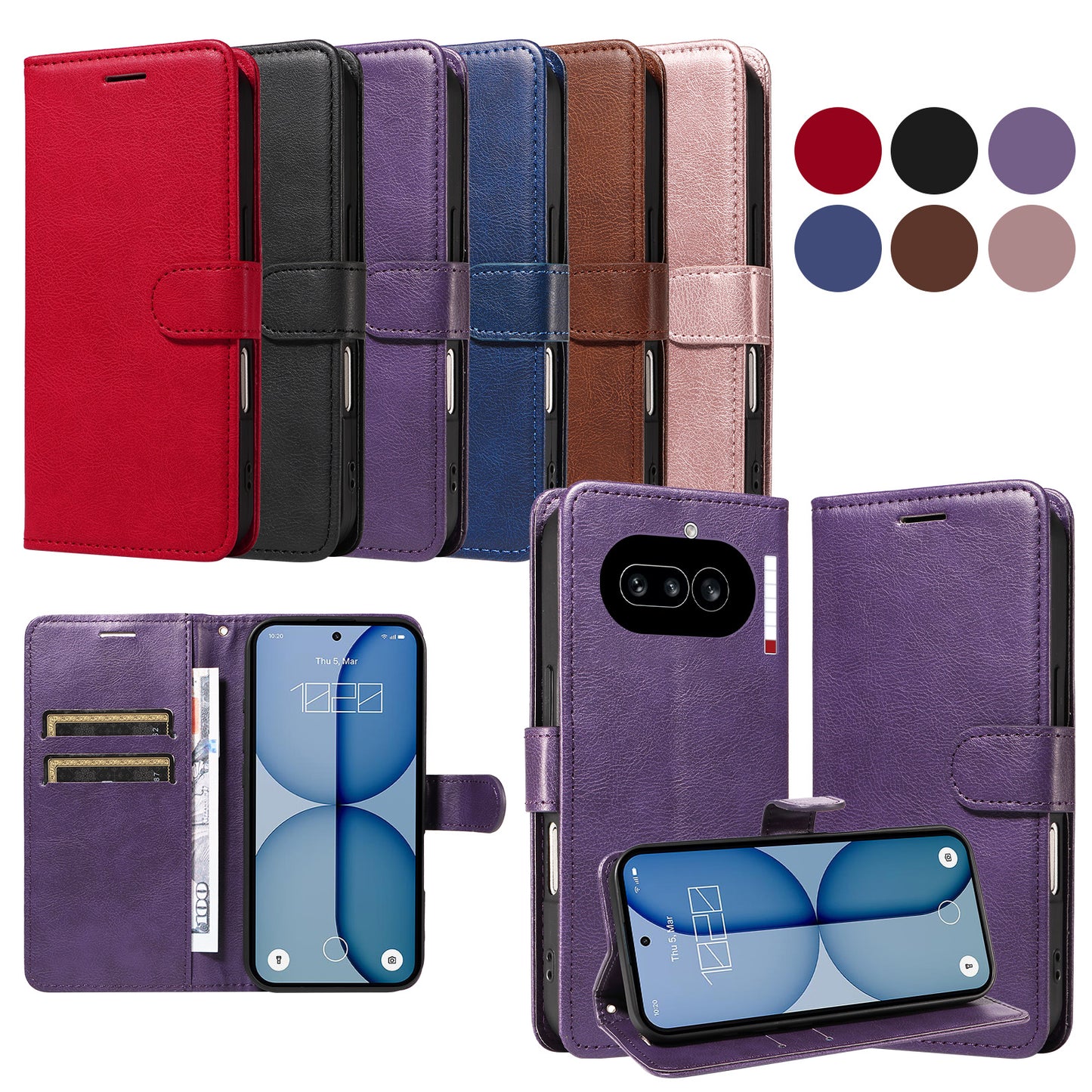 For Nothing Phone (4a) Leather Wallet Case with Strap Solid Color Phone Stand Cover