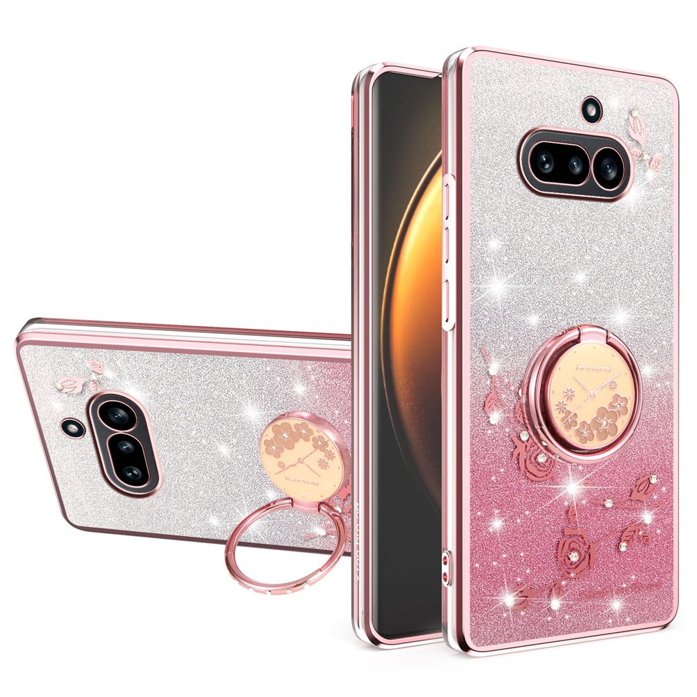 KADEM For Nothing Phone (4a) Phone Case Ring Kickstand TPU Flowers Phone Cover Gradient Glitter