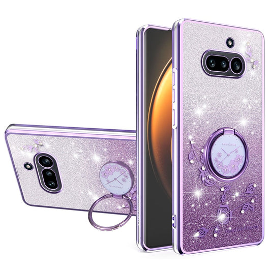 KADEM For Nothing Phone (4a) Phone Case Ring Kickstand TPU Flowers Phone Cover Gradient Glitter