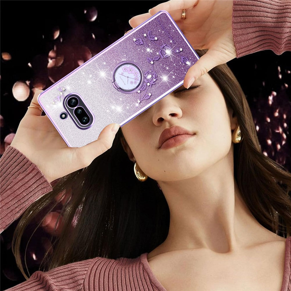 KADEM For Nothing Phone (4a) Phone Case Ring Kickstand TPU Flowers Phone Cover Gradient Glitter