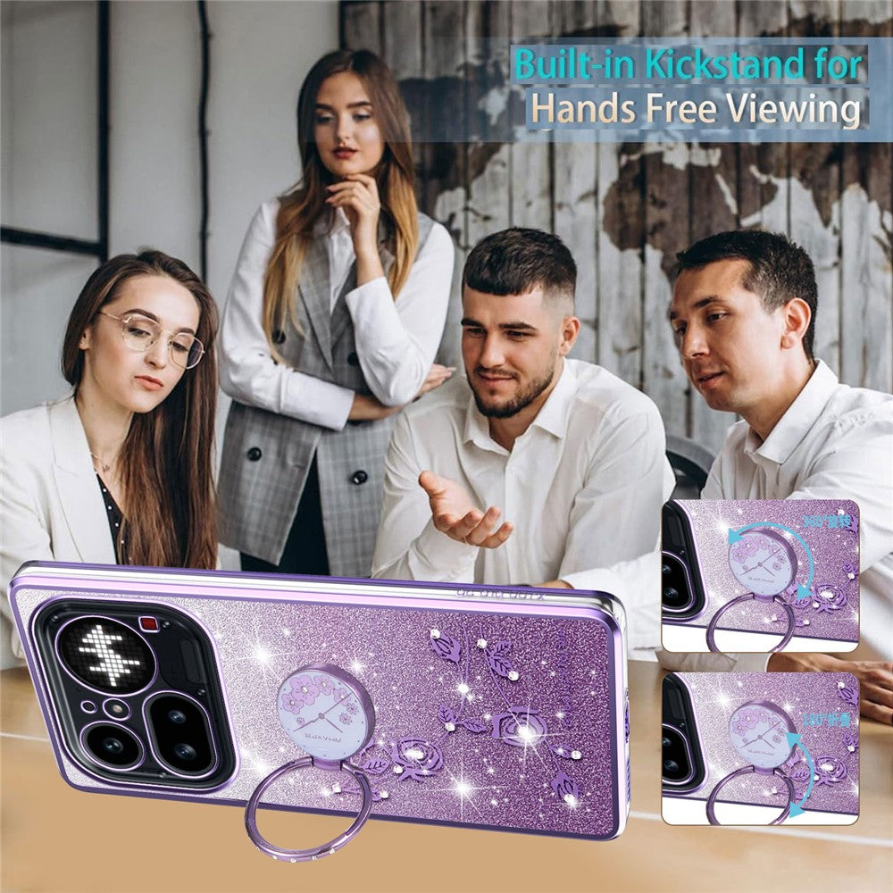 KADEM For Nothing Phone (4a) Pro Phone Case Ring Kickstand TPU Flowers Phone Cover Gradient Glitter