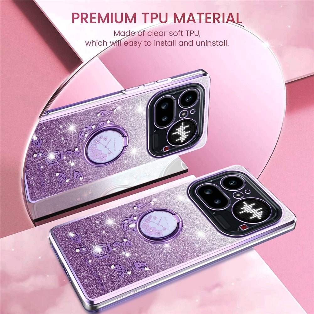 KADEM For Nothing Phone (4a) Pro Phone Case Ring Kickstand TPU Flowers Phone Cover Gradient Glitter