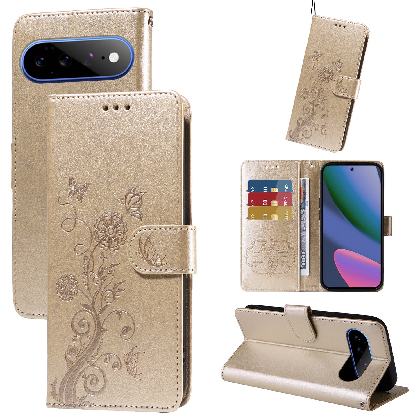 For Google Pixel 11 Pro XL Leather Case Butterfly Floral Imprint Wallet Stand Cover