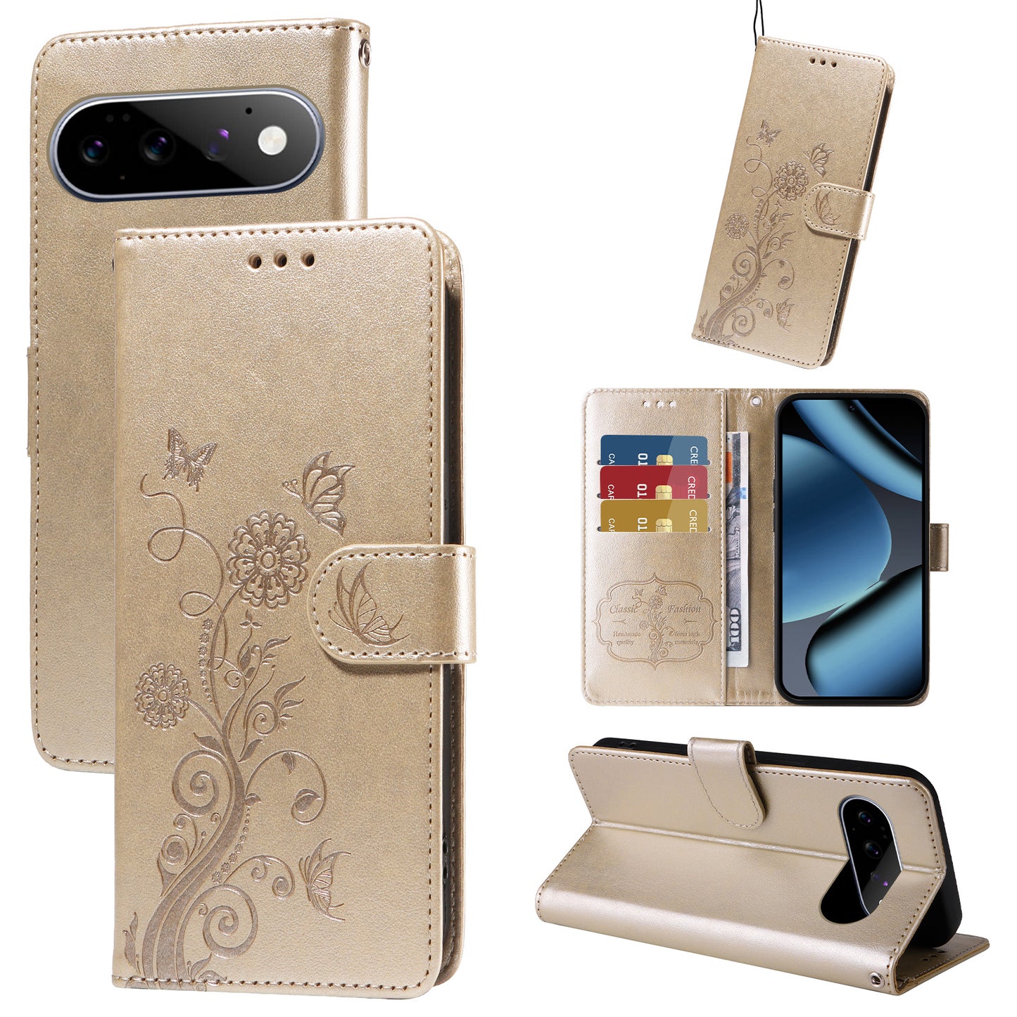 For Google Pixel 11 Pro / Google Pixel 11 Leather Case Butterfly Floral Imprint Wallet Stand Cover