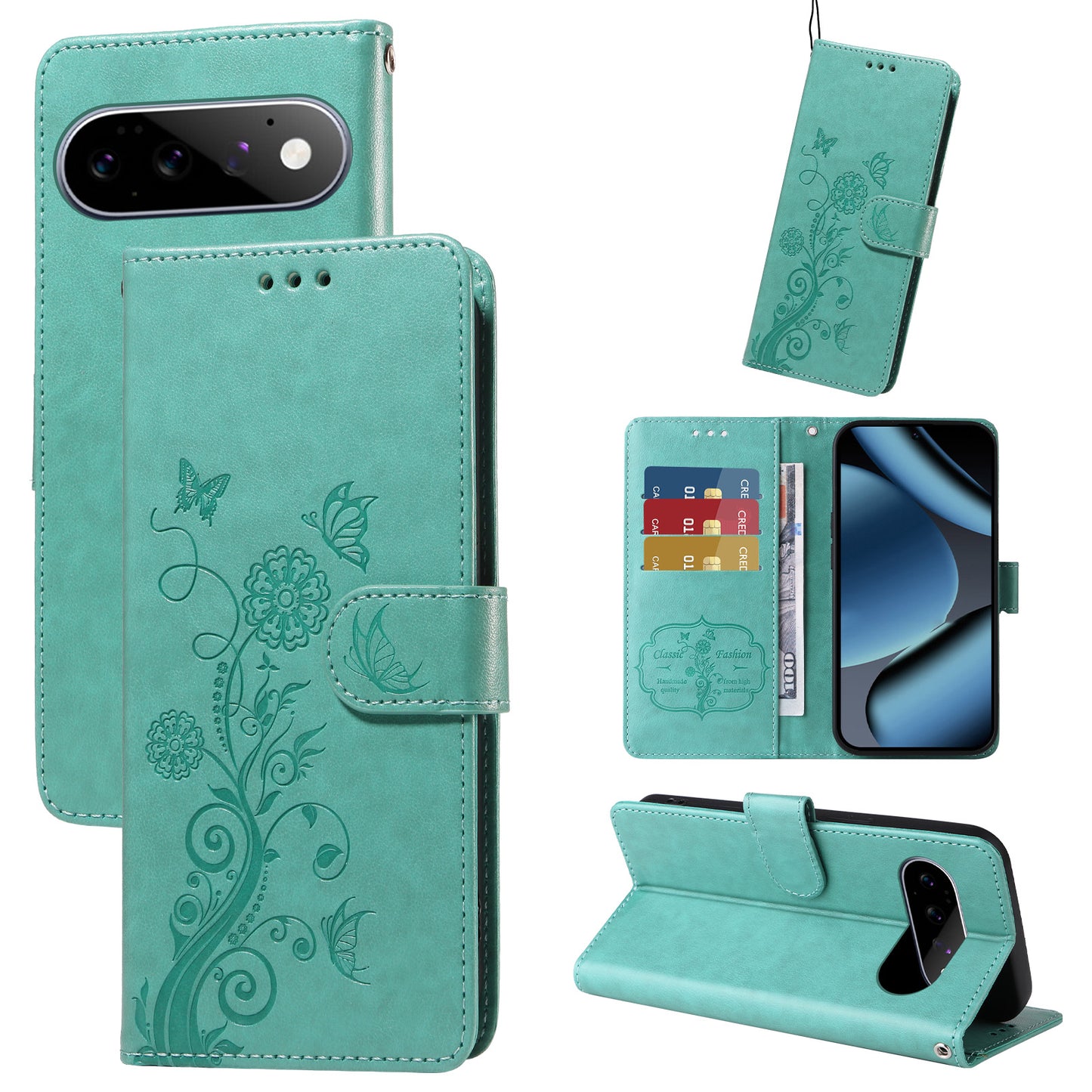 For Google Pixel 11 Pro / Google Pixel 11 Leather Case Butterfly Floral Imprint Wallet Stand Cover