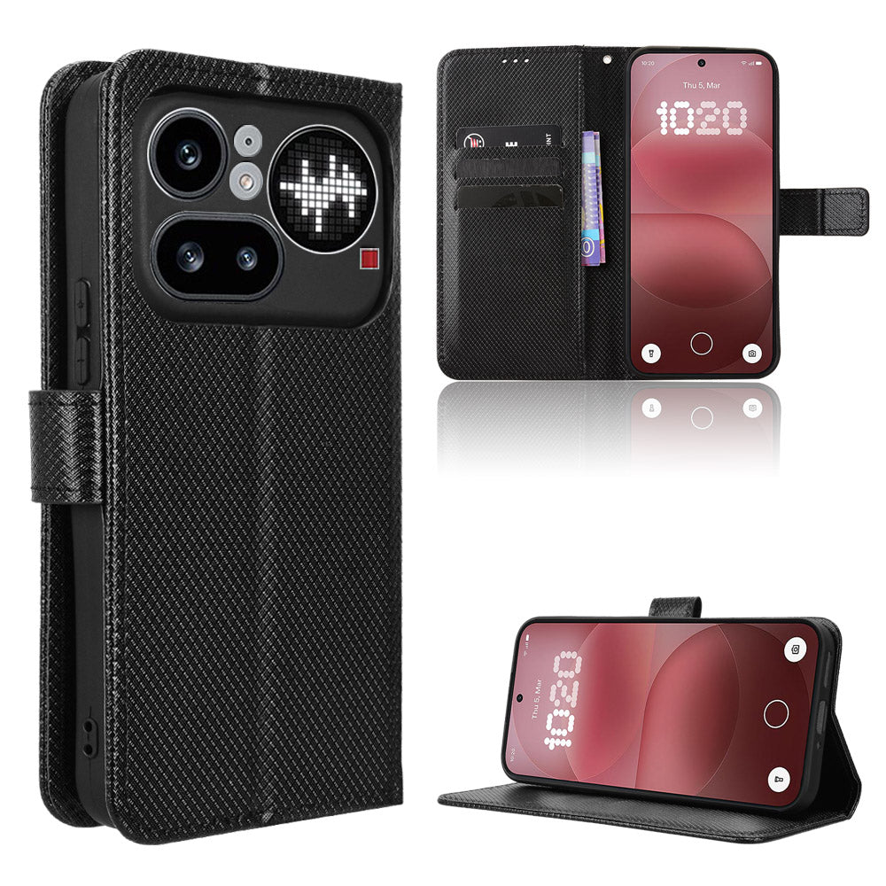 For Nothing Phone (4a) Pro Leather Wallet Case with Strap Diamond Texture Phone Cover