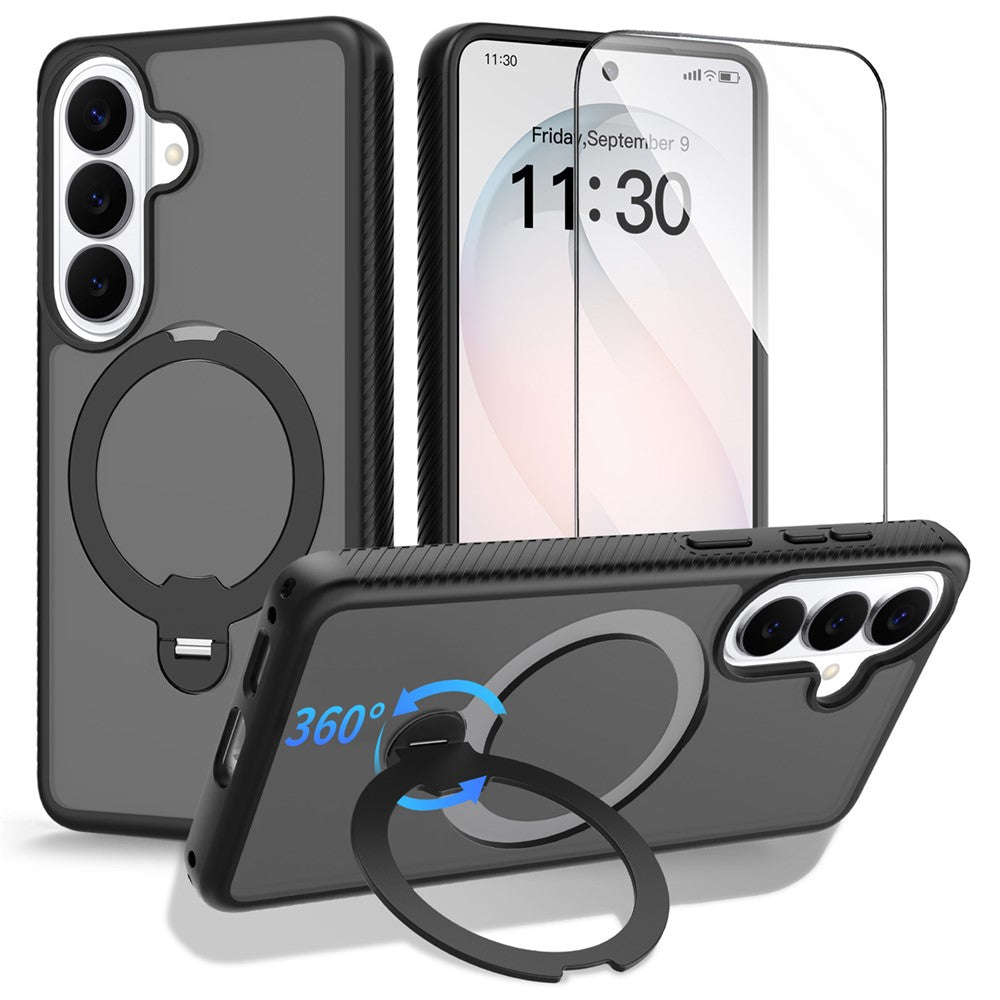 For Samsung Galaxy S26 Magnetic Case Matte Liquid Silicone TPU Shockproof Phone Cover with Kickstand and Tempered Glass